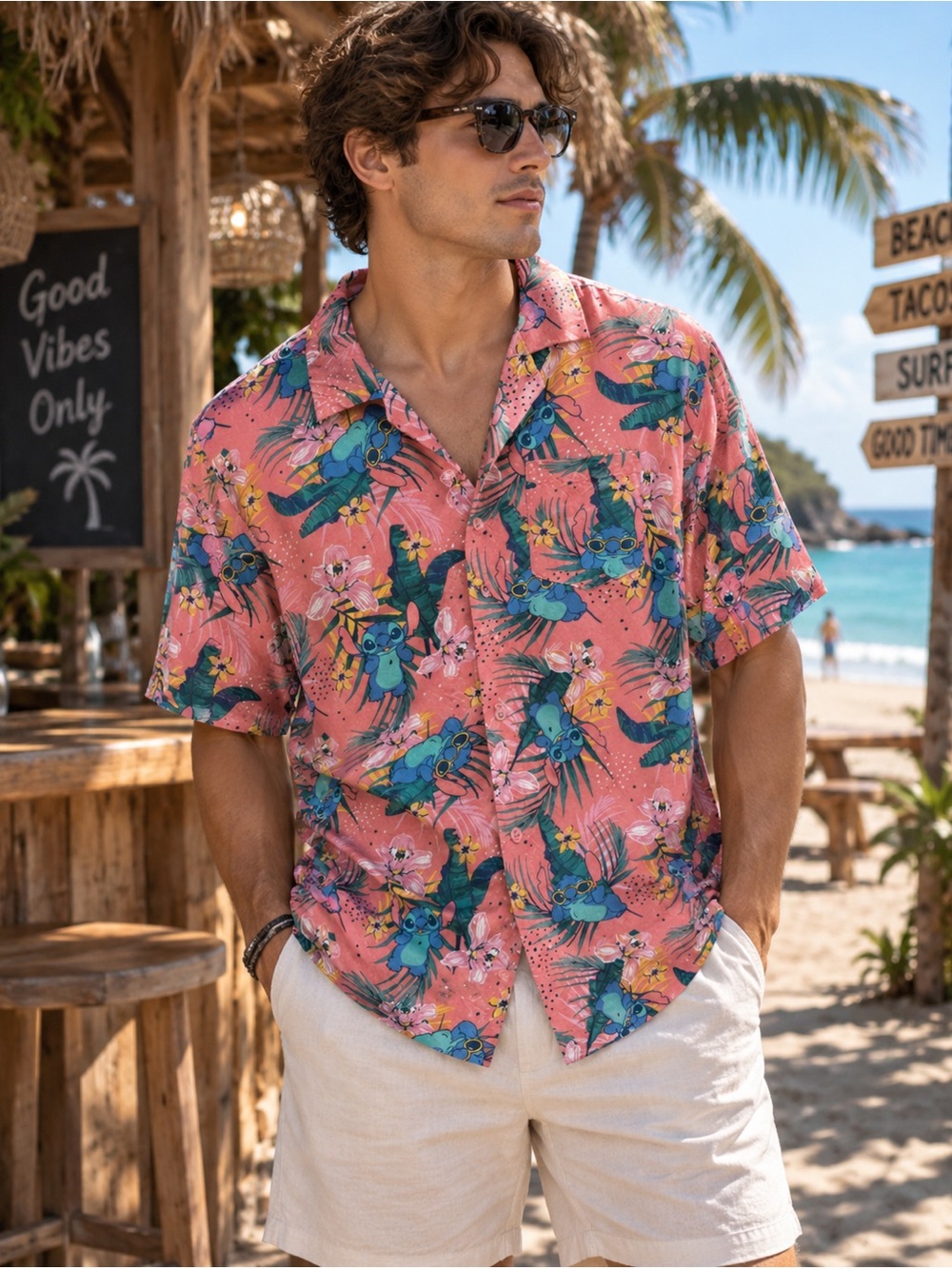 Disney Stitch Hawaiian Button Up Shirt Men’s Large Pink Tropical Rayon Aloha